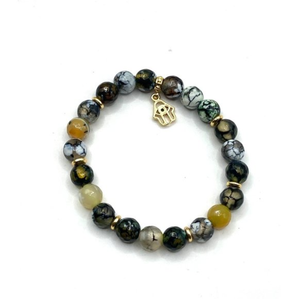 Onyx Gemstones‎ Stretch Shivam 14k GP Sterling Silver Hamsa Hand